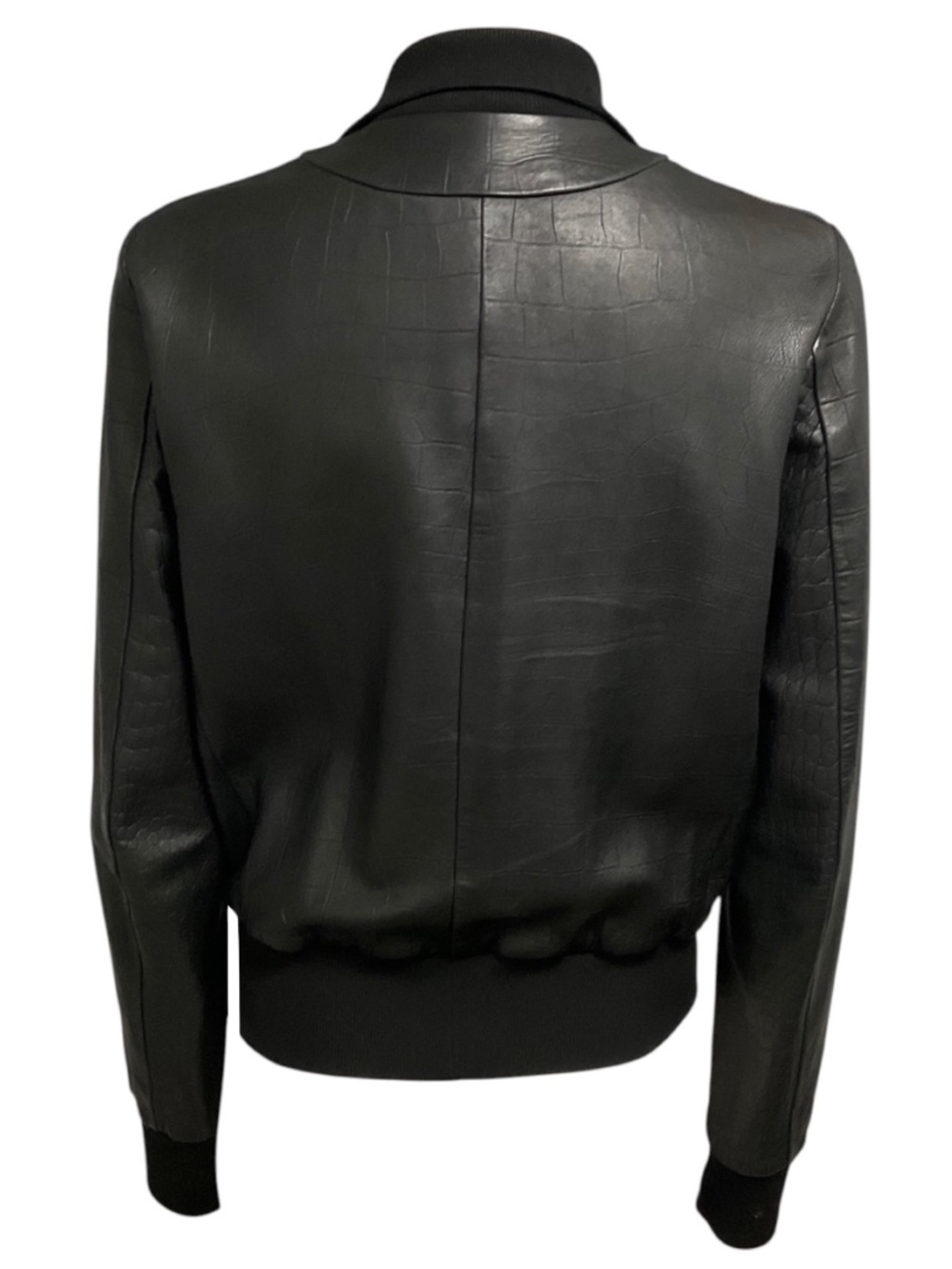 BOTTEGA VENETA BLACK EMBOSSED LEATHER ZIP FRONT BOMBER JACKET - Picture 3 of 5
